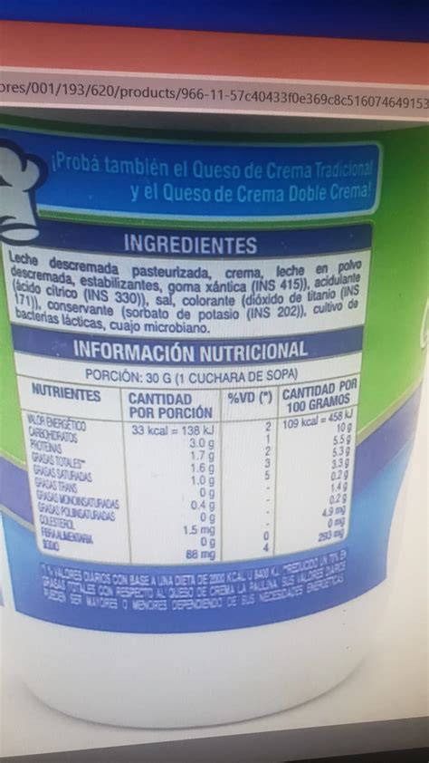 Tabla comparativa nutricional entre queso crema tradicional y queso crema light