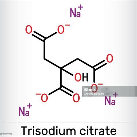 Esquema molecular y propiedades físicas del citrato trisódico (E331)