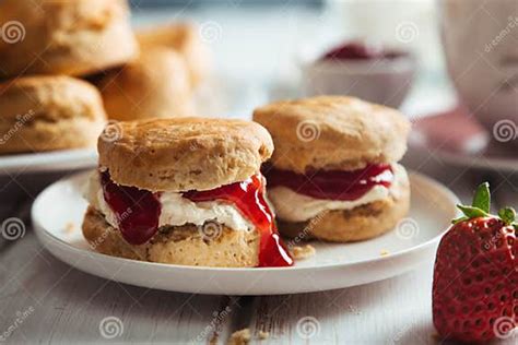 Scones recién horneados, acompañados de crema y mermelada, listos para el té de la tarde.