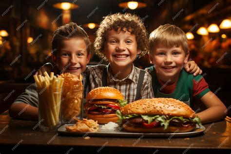 Foto de niños felices comiendo hamburguesas caseras