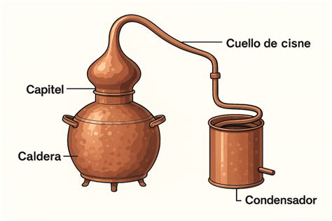 Ilustración antigua de un alambique para la destilación de aguardiente.