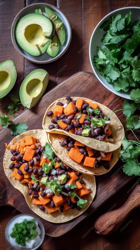 Camote cocido relleno con frijoles negros, aguacate y cilantro