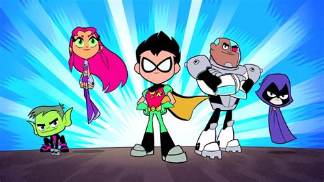 Esquema de los personajes principales de Teen Titans Go!: Robin, Starfire, Cyborg, Raven y Chico Bestia.