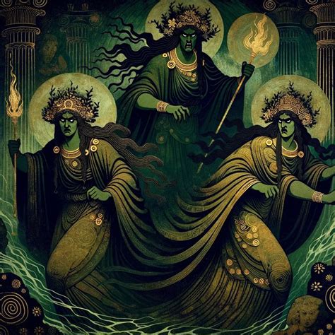 Ilustración de las Erinias (Furias) de la mitología griega, con serpientes en el cabello.