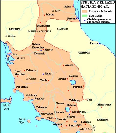 Mapa detallado de la región de Etruria en la antigüedad, con sitios arqueológicos señalados.