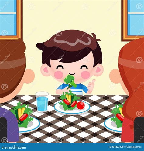 Niño reacio a comer verduras con sus padres