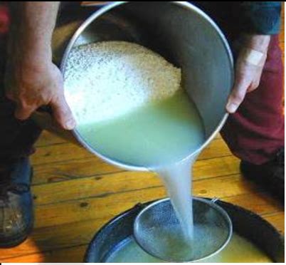 Esquema que muestra el proceso de separación del suero de leche durante la elaboración del queso (coagulación de la caseína y liberación de la fase acuosa)