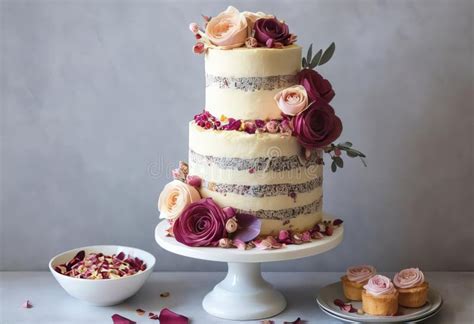 Fotografía profesional de una torta decorada con pétalos de rosa y flores naturales