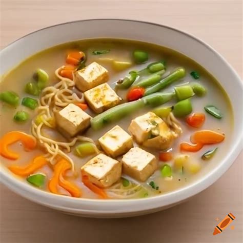 Tazón de consomé chino humeante con tofu y verduras