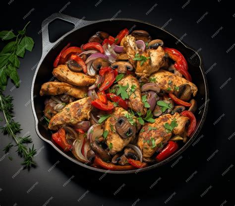 Foto de pollo y vegetales cocinándose en una sartén