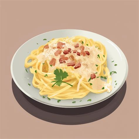 Plato de espaguetis carbonara con pollo y tocino, decorado con perejil fresco