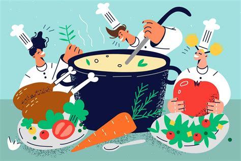 Ilustración histórica de personas preparando o consumiendo sopa en diferentes culturas antiguas (hebrea, griega, romana).