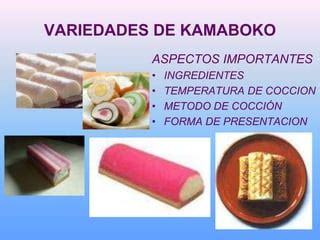 Ilustración de ingredientes típicos para kamaboko y su preparación