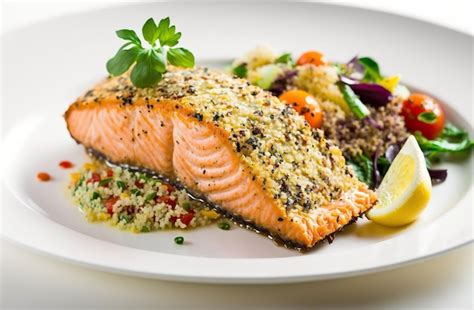 Salmón al horno con costra de naranja y parmesano emplatado, decorado con perejil y acompañado de ensalada fresca