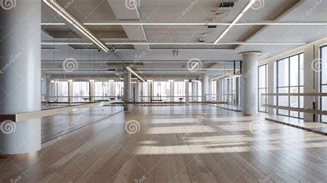 Interior de un moderno estudio de danza con espejos y suelo de madera