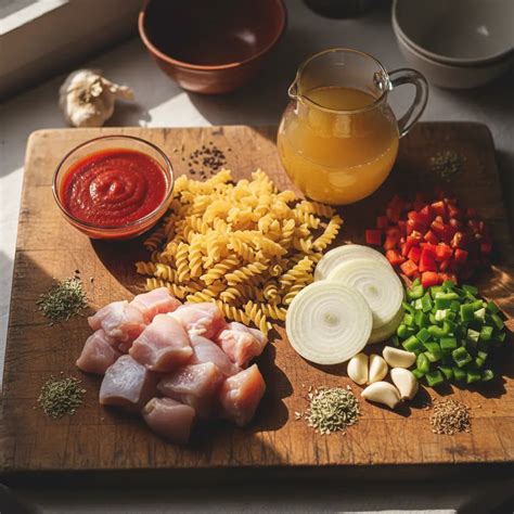 disposición de ingredientes frescos: macarrones, berenjenas, tomate, cebolla, ajo, albahaca y queso