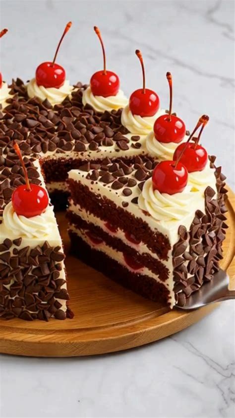 Torta Selva Negra completa con sus capas y decoración de cerezas y chocolate