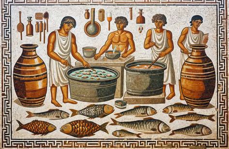 Representación de un mercado romano antiguo con ánforas de garum y pescadores