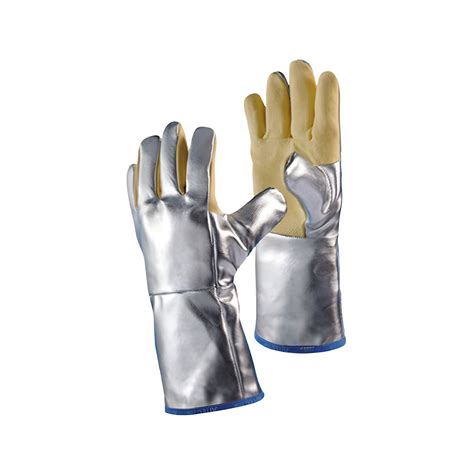 Esquema técnico que muestra las capas de un guante aluminizado: base de cuero, capa reflectante de aluminio y forro de kevlar