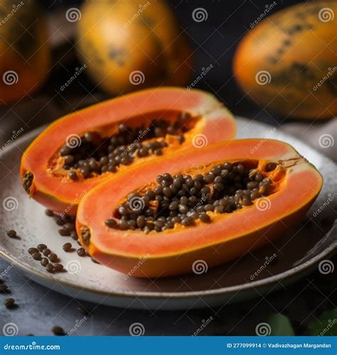 Ilustración de una papaya madura cortada mostrando su pulpa naranja y semillas negras