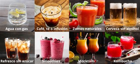 Bebidas sin alcohol variadas: limonada, kombucha, agua con gas