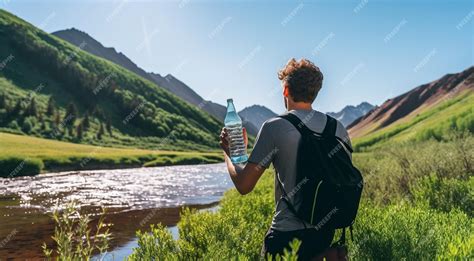 Trekking y agua: senderista bebiendo de un sistema de hidratación en la montaña