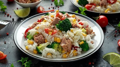 Ensalada de arroz con atún, tomate y maíz, lista para servir