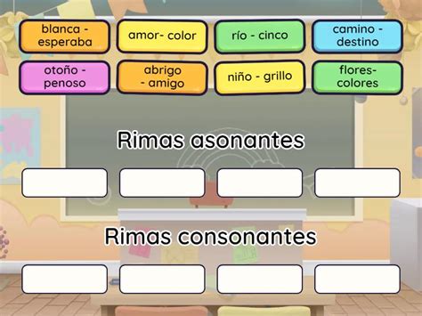 Infografía comparativa de rimas consonantes organizadas por categorías léxicas