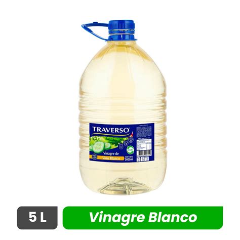 Foto de botellas o envases de vinagre de vino blanco Traverso, incluyendo el formato industrial.