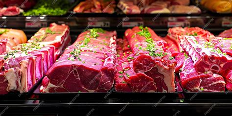 Cortes de carne variados frescos en mostrador