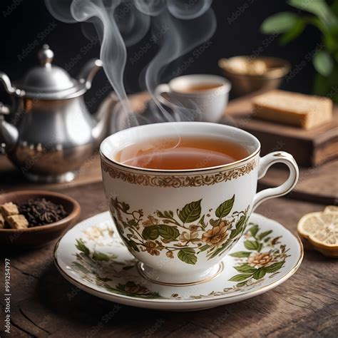 Taza de té humeante junto a una rebanada de queque