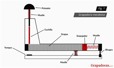 Esquema detallado de los componentes de una grapadora manual: carril de carga, resorte y mecanismo de percusión.