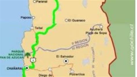 Mapa del camino costero entre Caldera y Pan de Azúcar
