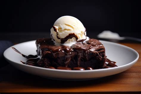 Brownie servido con una bola de helado de vainilla y salsa de chocolate