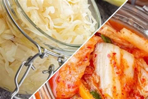 Ilustración comparativa de encurtido fermentado (chucrut, kimchi) vs. encurtido en vinagre (pepinillos, cebollas)