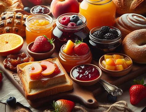 Mesa de desayuno con diversas mermeladas artesanales en pequeños tarros, tostadas y café