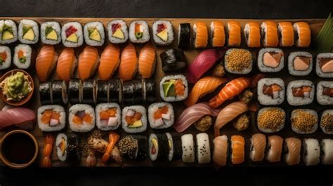 Foto de una bandeja de sushi variada con diferentes tipos de rolls y nigiris