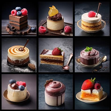Variedad de postres en formato individual, como mousses y cheesecakes mini
