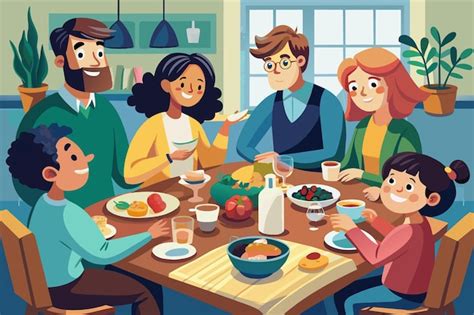 Ilustración de una familia compartiendo una comida saludable
