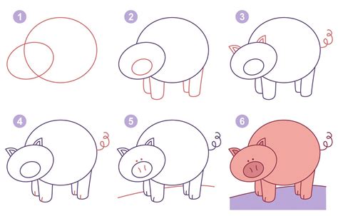 Esquema inicial para dibujar un cerdo en movimiento, marcando la posición de las patas.