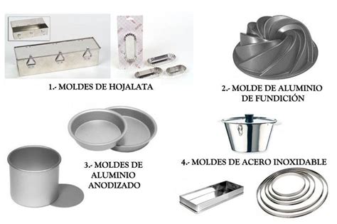 Infografía comparativa de moldes de acero, aluminio y silicona para repostería