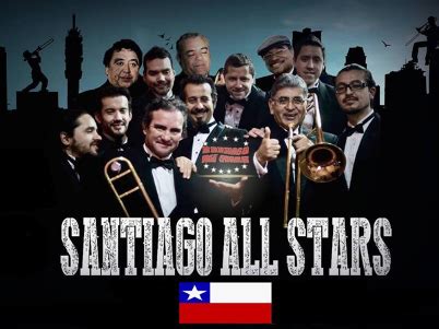 Infografía sobre la estructura de la orquesta Santiago All Stars: músicos, instrumentos y colaboraciones clave.