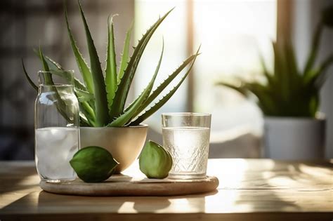 Variedad de ingredientes naturales sobre una mesa de madera: aloe vera, avena, manzanilla y un recipiente con bicarbonato de sodio.