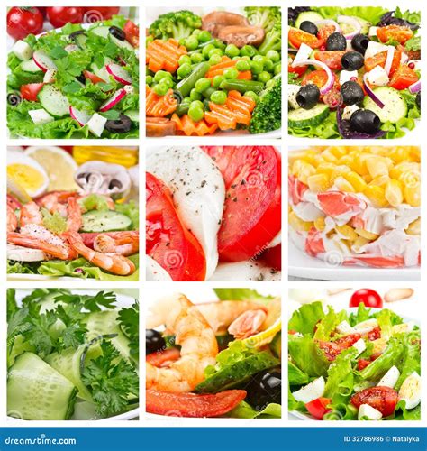 Collage de ensaladas coloridas y frescas de verano con ingredientes variados
