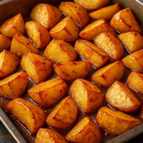 Papas a la mostaza al horno doradas y crujientes en una bandeja