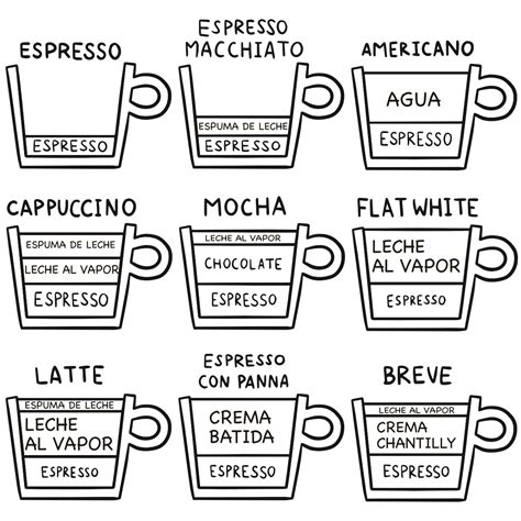 Esquema de las proporciones de café, leche y espuma en un capuchino