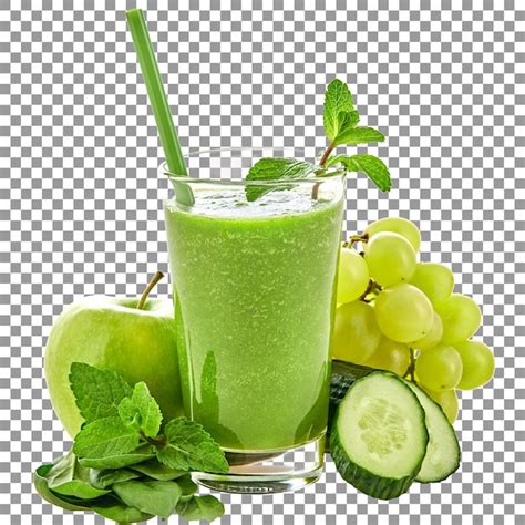 Batido verde en un vaso con pajita, con frutas alrededor