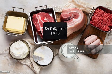 Ilustración de alimentos ricos en grasas saturadas (mantequilla, carne grasa, queso)