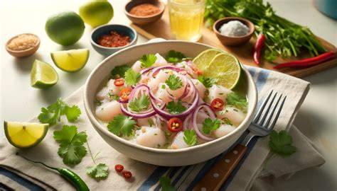 Fotografía profesional de un ceviche de pescado fresco con cebolla morada y cilantro.