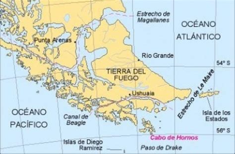 Mapa de la ubicación del Cabo de Hornos en la Patagonia chilena, mostrando su relación con el Estrecho de Magallanes y el Paso Drake